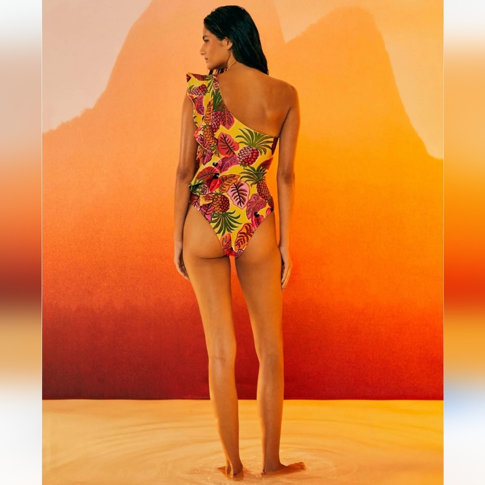 FARM RIO Tropical Dreams One-Shoulder Side Ruffle One Piece Swimsuit NWT - Picture 3 of 9